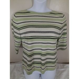 Womens Cashmere Sweater Large 42 Green Yellow Stripe Pullover Shirt Investments